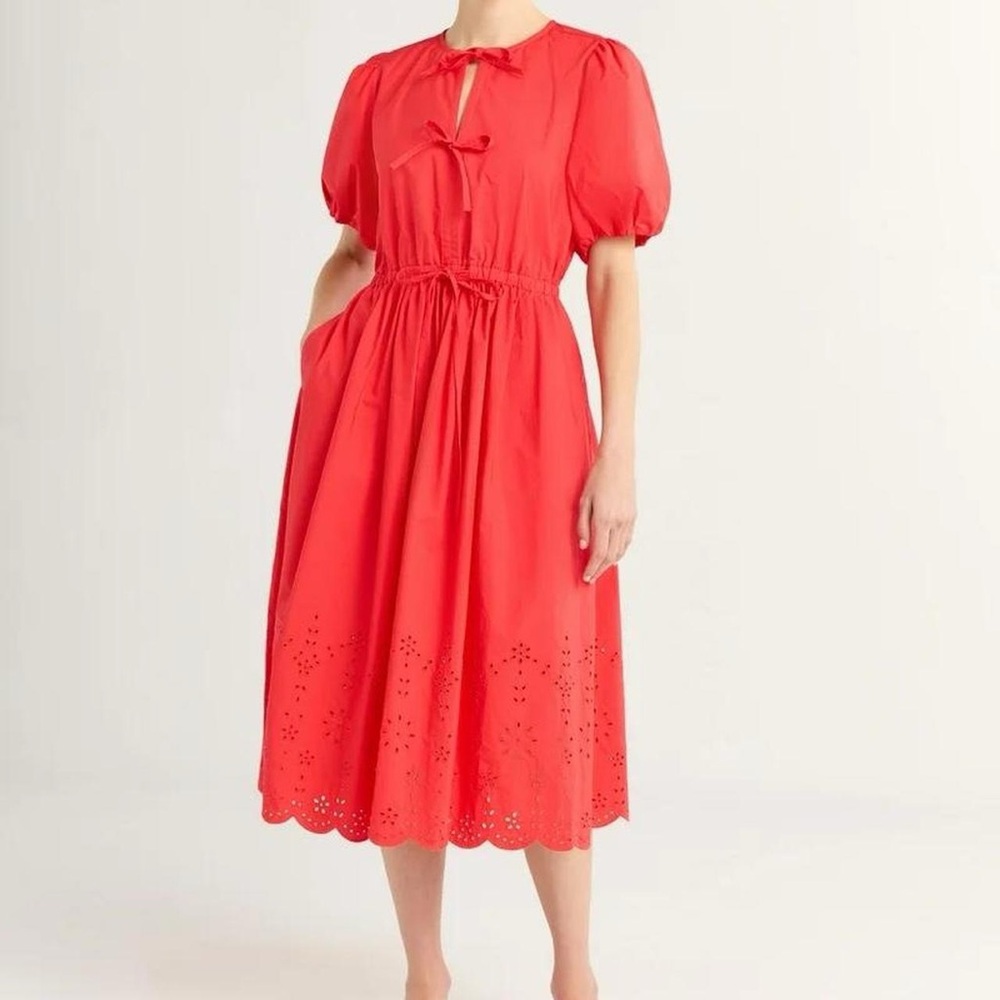 NWT Free Assembly front ribbon midi eyelet dress